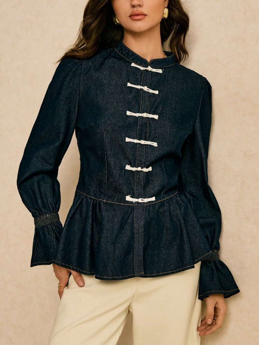Dark Wash Elegant Women's Darin Collar Pleated Western Blouses Denim Tops - Picture 6 of 6